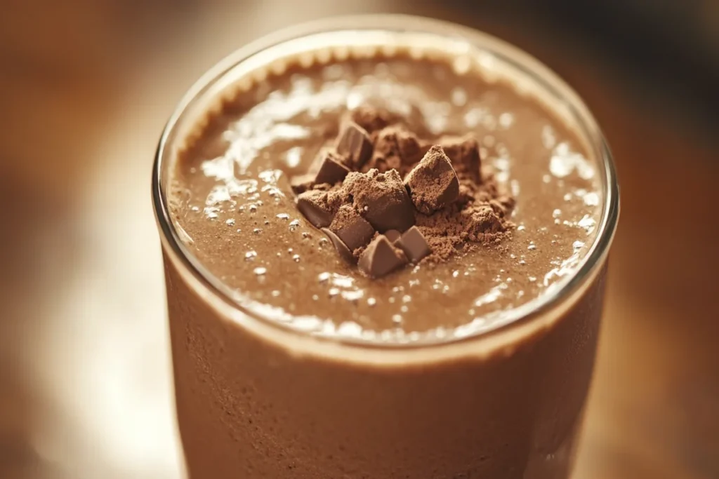 Protein-packed chocolate smoothie topped with dark chocolate chunks and cocoa powder