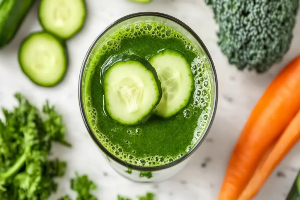 A vibrant green smoothie topped with cucumber slices, surrounded by fresh vegetables including carrots, kale, and broccoli