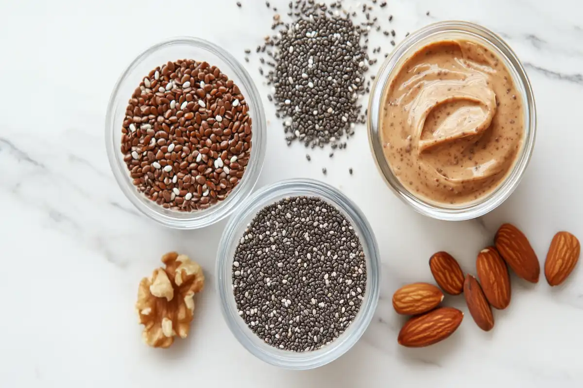 Chia seeds, flaxseeds, nut butter, and assorted nuts arranged on a white marble surface