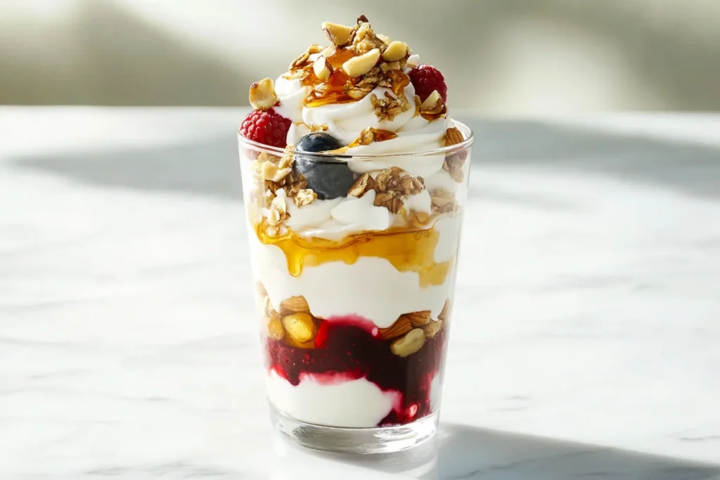 Greek yogurt parfait layered with nuts, berries, and honey in a glass jar.