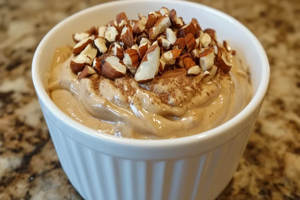 A creamy Greek yogurt topped with chopped almonds and a sprinkle of cinnamon