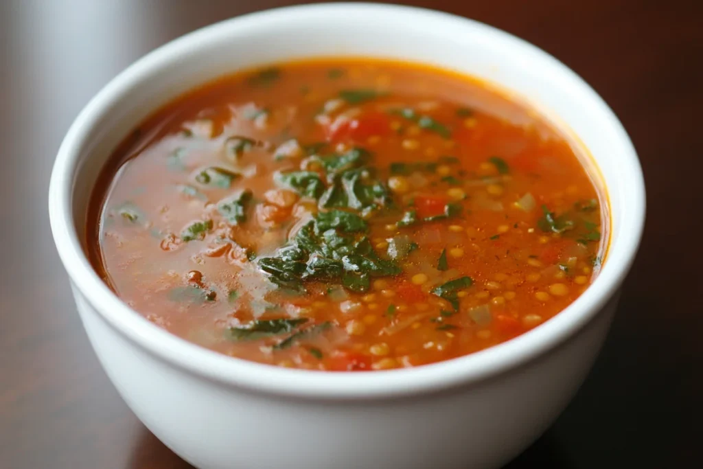 "A warm bowl of lentil and spinach soup