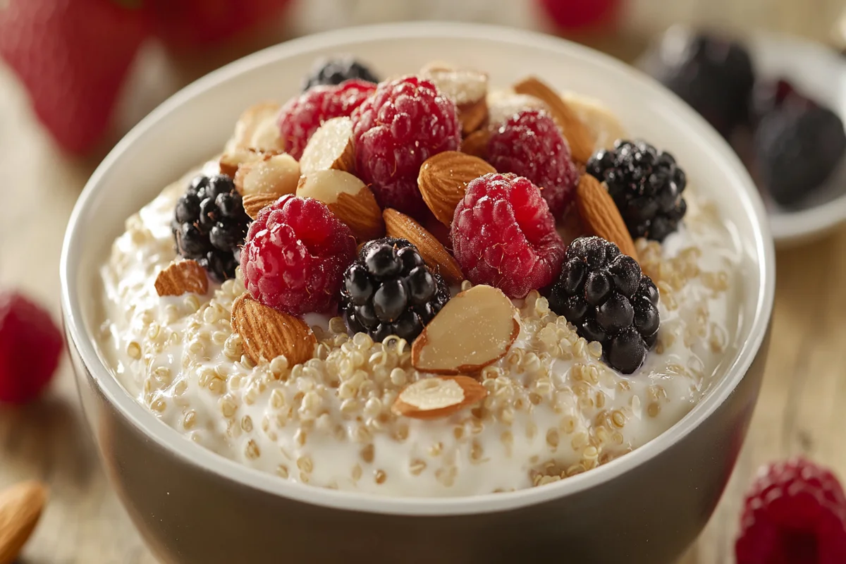 Quinoa breakfast bowl topped with Greek yogurt, almonds, and fresh berries