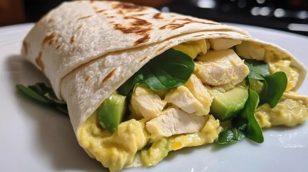 Turkey and avocado breakfast wrap with scrambled eggs, spinach, and soft tortilla.