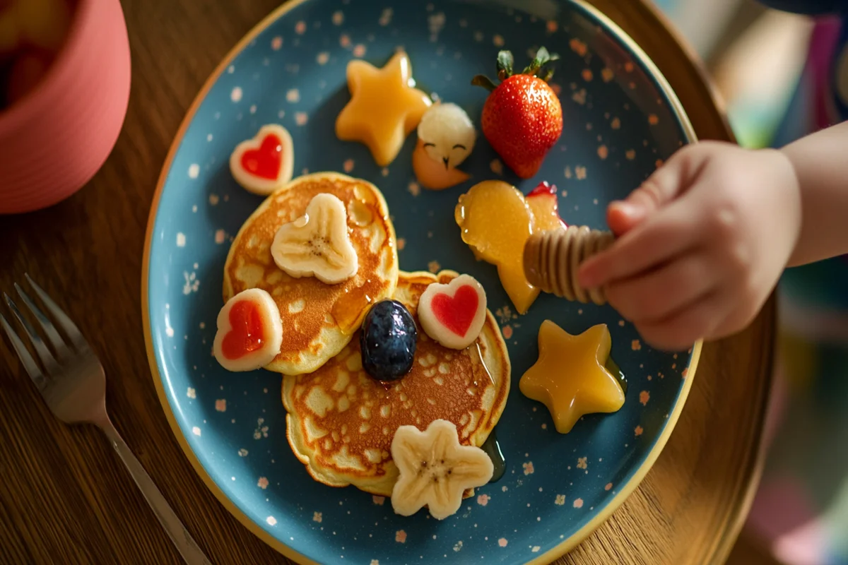 "Fun-shaped banana pancakes on a colorful plate for kids