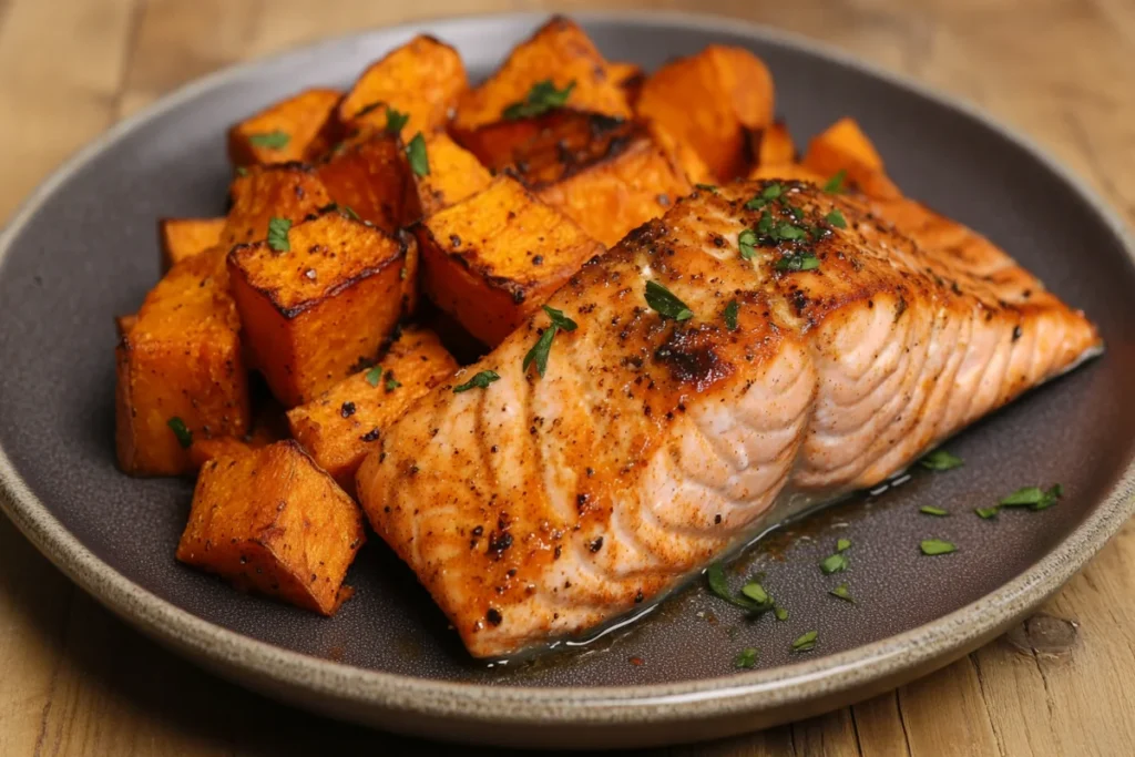 "Grilled salmon fillet with roasted sweet potato cubes garnished with fresh parsley on a plate