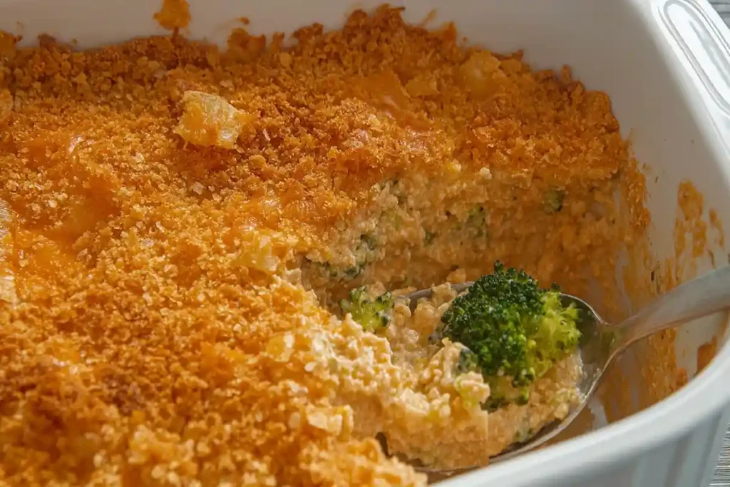 Cheesy broccoli casserole in a baking dish, hot and ready to serve.