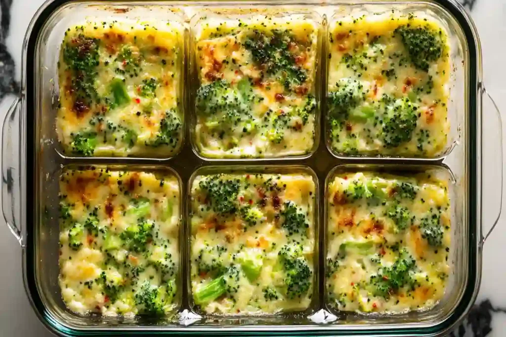 Meal-prepped broccoli casserole in storage containers.