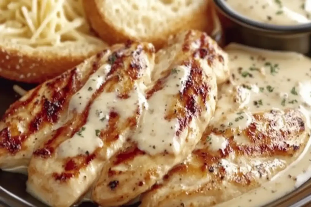 Chicken Alfredo pasta with garlic bread