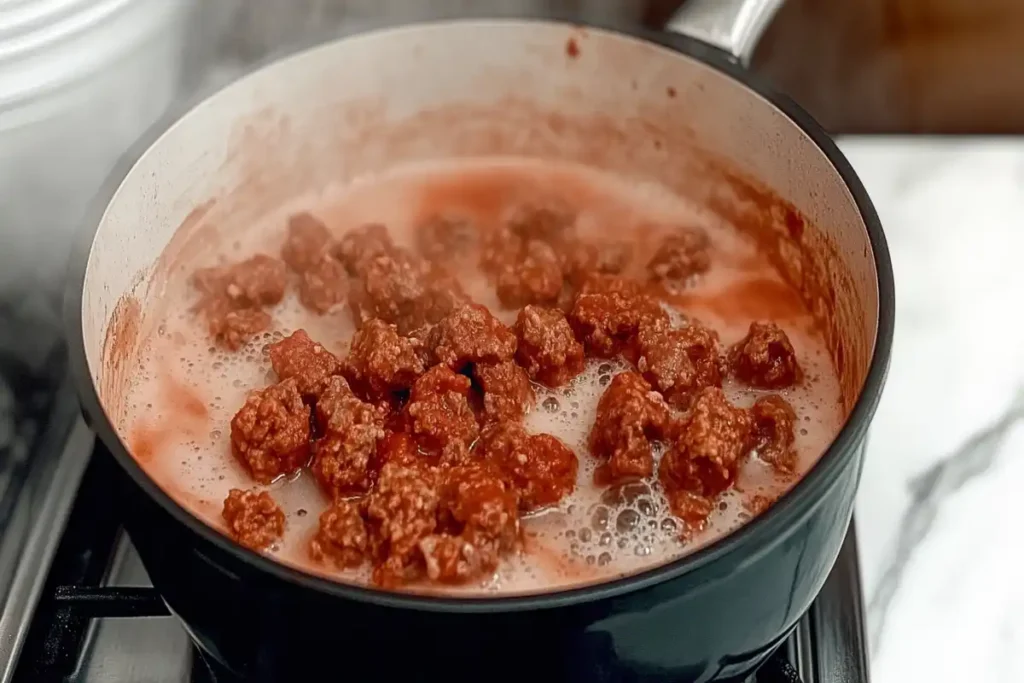 Rich tomato meat sauce cooking on a stove