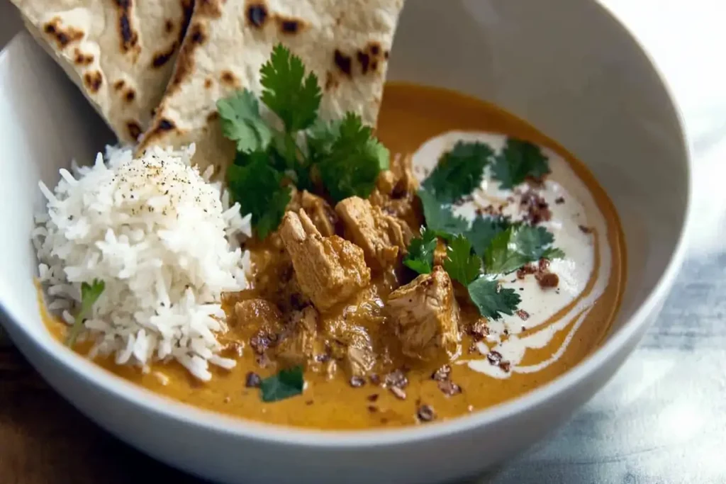 Chicken curry with rice and naan on a table