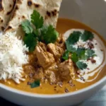 Chicken curry with rice and naan on a table