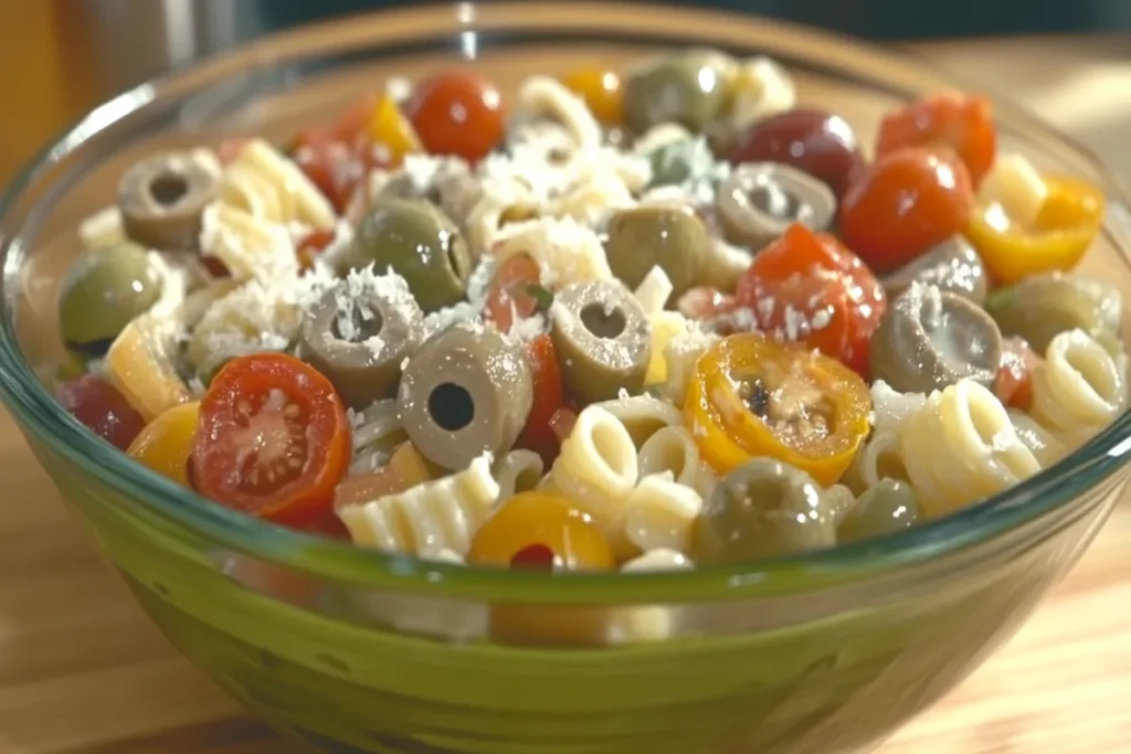 Colorful pasta salad in a bowl with fresh ingredients.