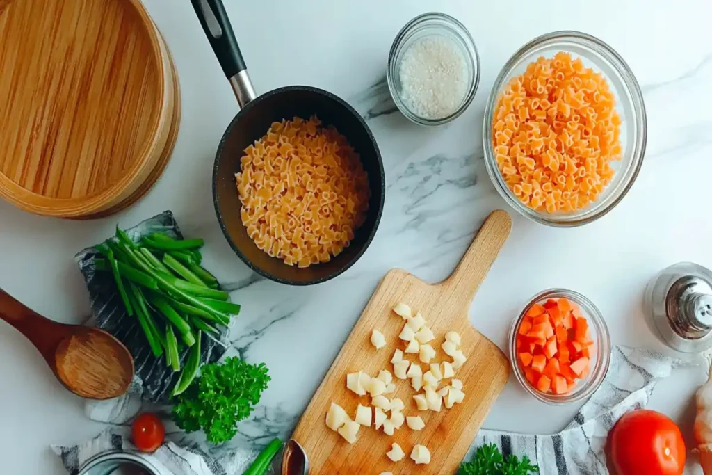 Making pasta salad: cooking pasta, chopping veggies & mixing dressing.