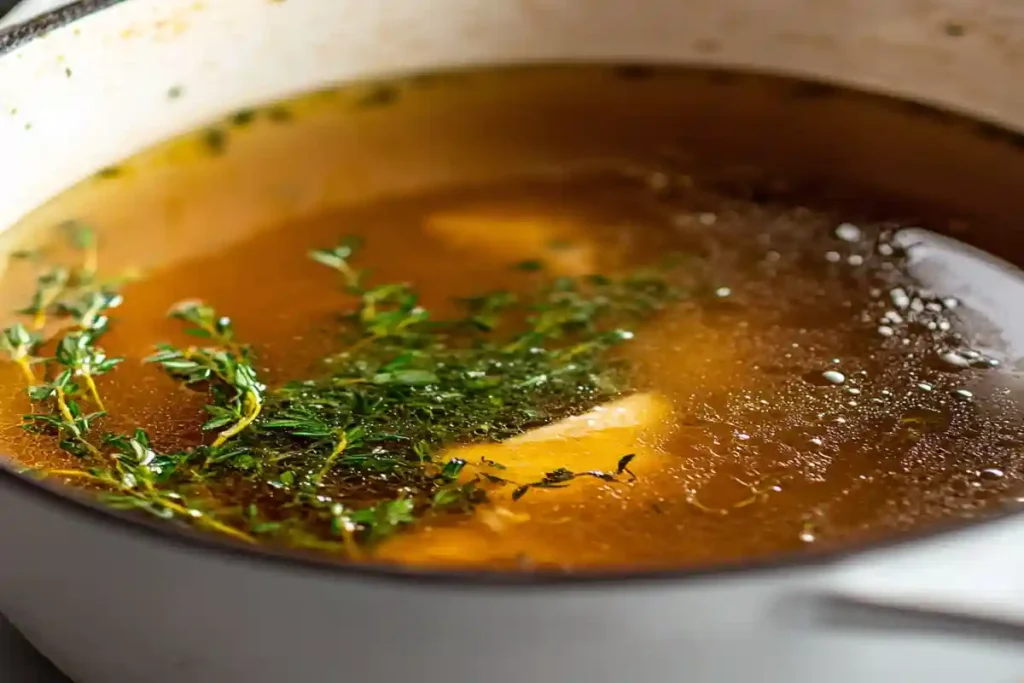 Homemade chicken broth simmering on the stove.