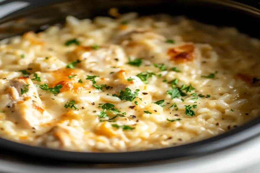 Chicken and rice casserole cooked in a slow cooker.