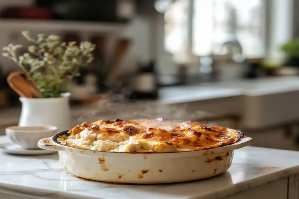 Freshly baked homemade chicken and rice casserole with a crispy golden topping.