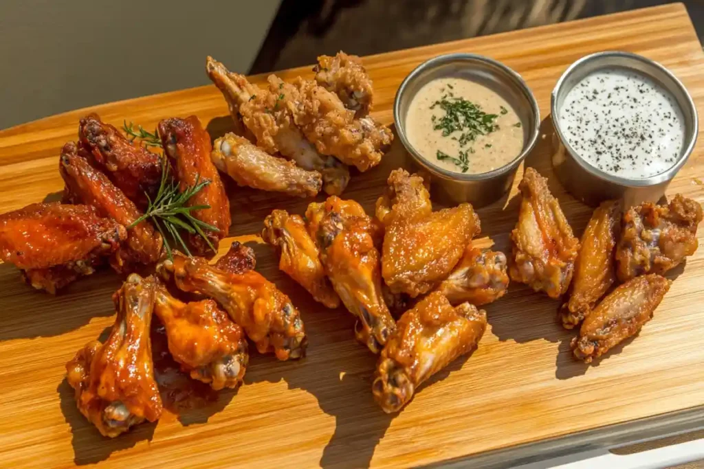 Crispy golden air fryer chicken wings on a plate.