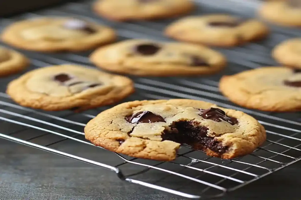 Freshly baked homemade chocolate chip cookies with gooey melted chocolate.